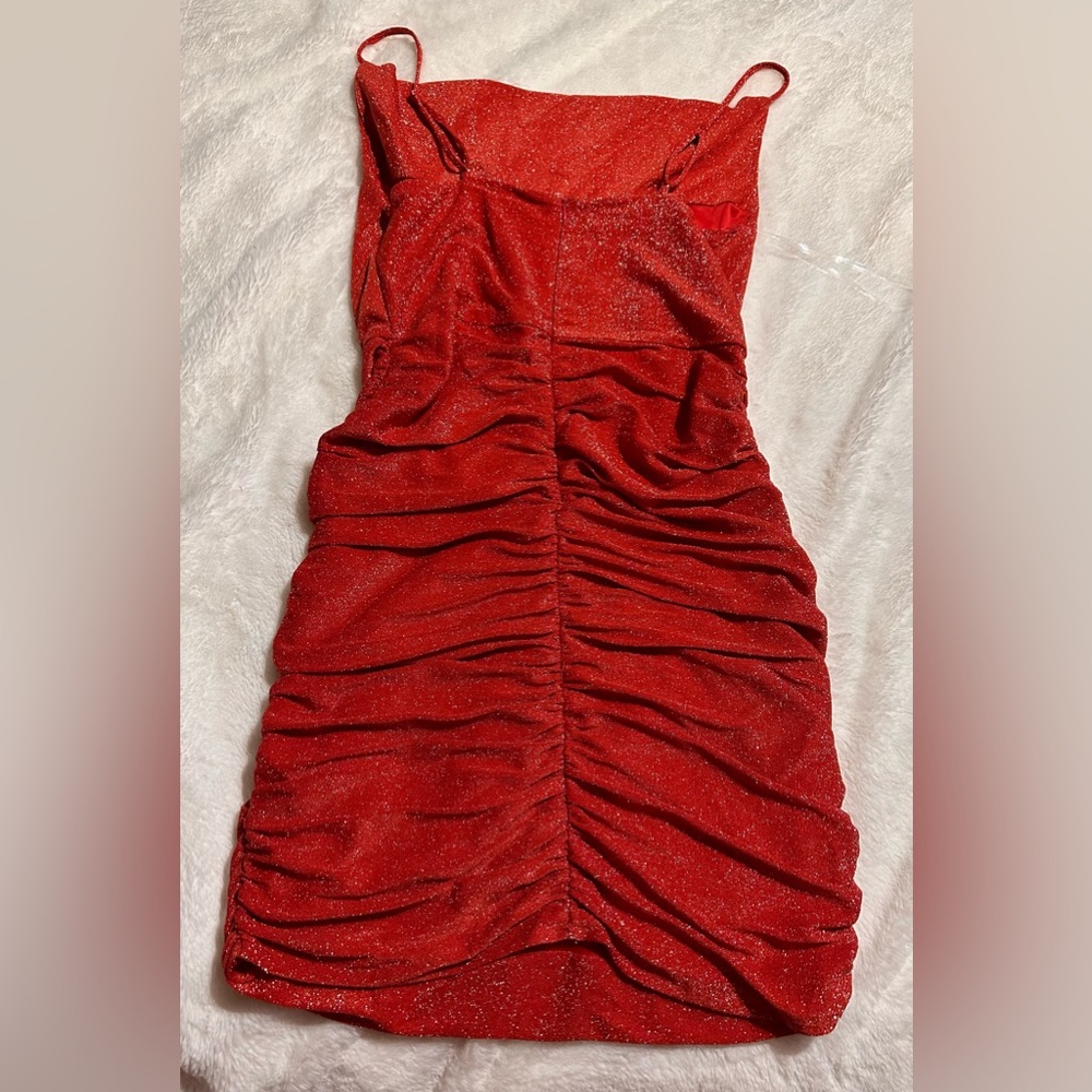 Main Strip Red Mini Stretch Dress with Draped Neckline Size Large